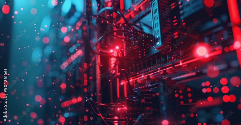 Abstract data server background with glowing red and blue lights and ...