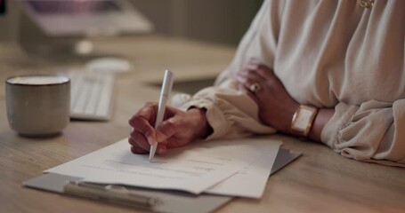 Poster - Hands, woman and signature for document contract to review information, legal process and agreement rules. Person, writing and paperwork of negotiation detail, compliance and terms of risk management