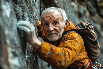 Photograph of a Senior Man Rock Climbing: An elderly man climbing a rock wall.