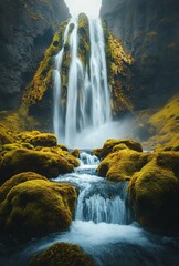 Wall Mural - Detailed shot of a waterfall with water tumbling over moss covered rocks, highlighting the texture and flow