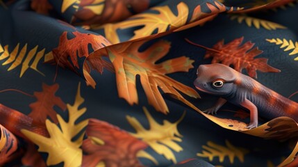 Poster - A Small Lizard Hiding in Autumn Leaves.