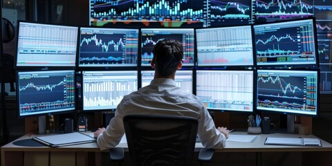 Aufkleber - A financial analyst working on a multi-monitor setup, leveraging technology for complex data analysis