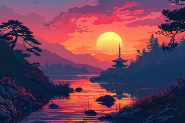 Wall Mural - Vivid artistic illustration of Japan at sunset