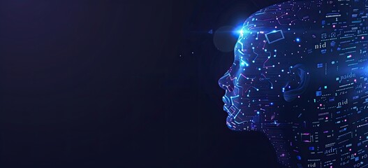 Artificial Intelligence concept with a digital human profile and binary code on a dark blue background Generative AI