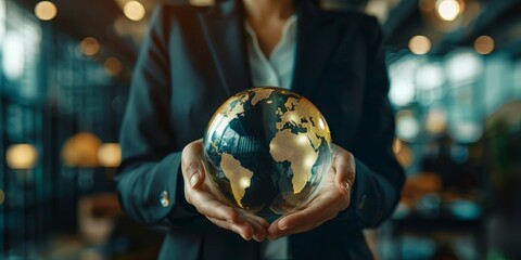 Aufkleber - A businesswoman holding a holographic globe, representing global strategy and international market expansion