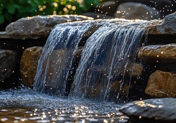 Wall Mural - A serene close up of a gentle waterfall cascading over smooth stones, with droplets sparkling in the sunlight