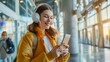 © Adi - Happy female tourist listening music on headphones while using smart phone at departure area, with copy space