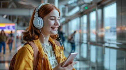 Wall Mural - Happy female tourist listening music on headphones while using smart phone at departure area, with copy space