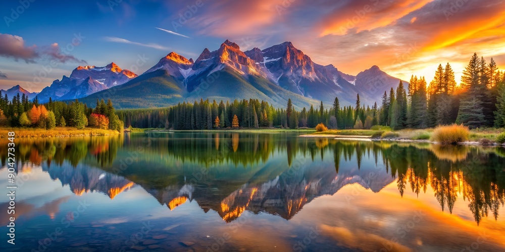 Sunrise over a tranquil mountain landscape with vibrant colors ...