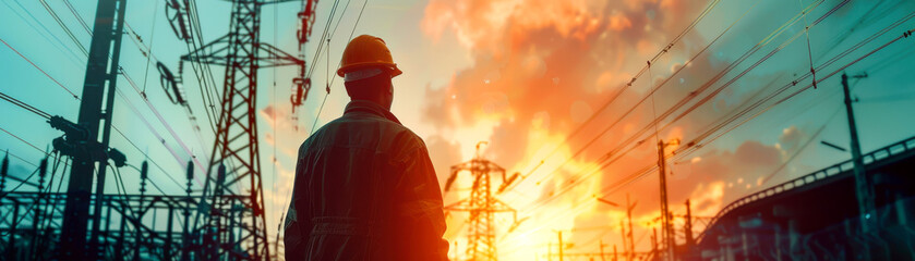 A worker in a safety helmet stands silhouetted against a vibrant sunset in an industrial area with power lines.