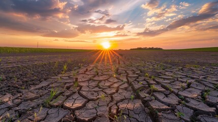 Horizon landscape photography of a sunset over the countryside field. Dry soil ground land, drought season in agriculture industri