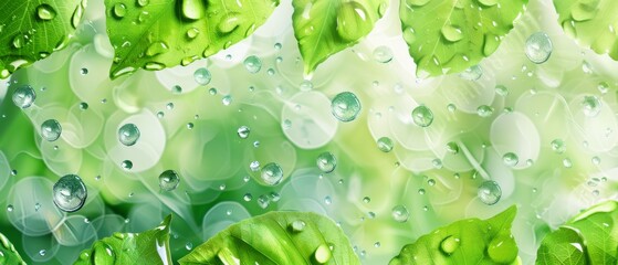 llustration of water drops splash on surface with green nature leaf leaves background. liquid drople