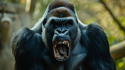 Large or big silverback black gorilla, angry powerful animal roaring in jungle wildlife nature. Strong beast screaming, aggri