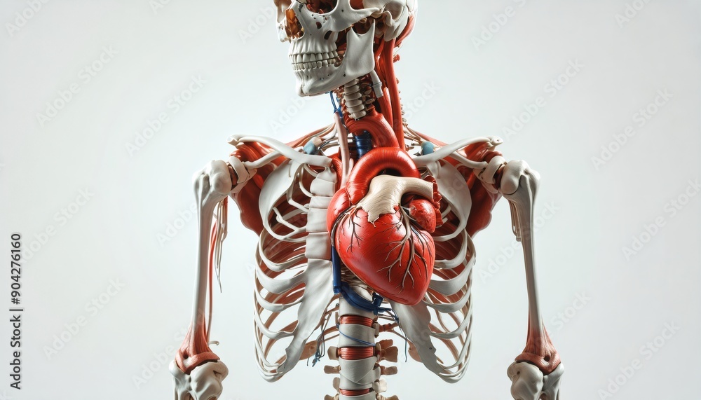 realistic human anatomy illustration of upper torso, white background, emphasizing muscle groups and skeletal framework, front view, clear depiction of heart and lung placement,