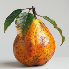 Sticker - Vibrant Orange Fruit With Distinctive Spots and Green Leaves on a Plain Background