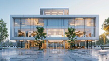 Wall Mural - A tall building with a glass facade and a large window on the top. The building is surrounded by trees and has a reflective surface