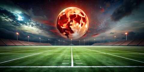 Wall Mural - Football Field Under Blood Red Moon Generative AI, moonlight, eerie lighting, deserted, abandoned