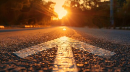 Low angle photography of a white arrow on the asphalt road during the sunset. Straight ahead way concept, path to success