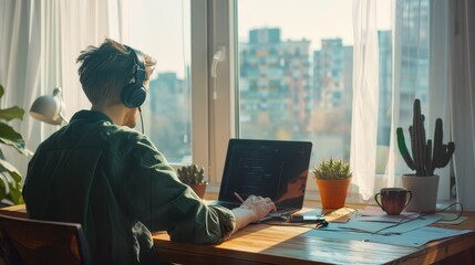the person wearing headphones