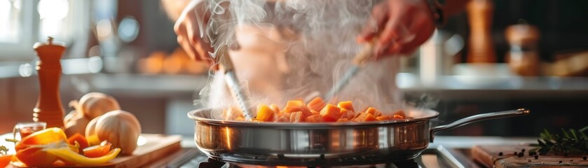 Wall Mural - A person is cooking food in a pot on a stove. The pot is filled with a variety of vegetables and meat, and the steam coming from it is thick and hot. Concept of warmth and comfort