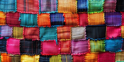 Poster - Woven fabric texture with geometric patterns and vibrant colors, ideal for textile and fashion design