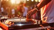 © Anna - A DJ spinning vinyl records at a retro-themed party, celebrating classic disco and funk music