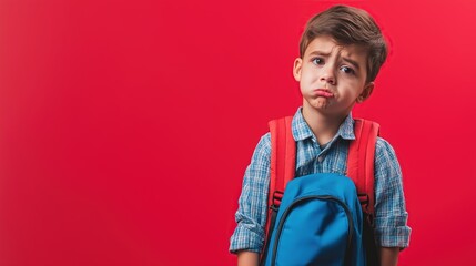 sad student boy wearing backpack, back to school concept, back again with cute funny boring expression , isolated on red background 