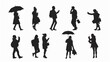 © Teerasak - black silhouette illustrations showing people in different poses, including thinking, talking on the phone, pointing, holding an umbrella, and celebrating
