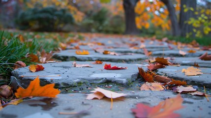 Wall Mural - Falling leaves on a stone paths with a park backdrop gently fading in beyond