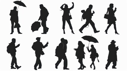 create a series of black silhouette illustrations showing people in different poses, including think