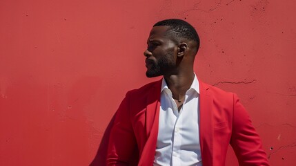 An engaged African-American man in chic attire, posing confidently outdoors against a bold red background