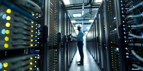 Fototapete - Technicians performing maintenance on a large server rack in a data center, focusing on cloud technology development