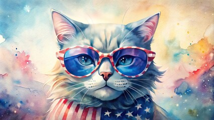  Vibrant illustration of a cool cat sporting trendy shades, set against a patriotic backdrop featuring a stylized American flag themed art design.