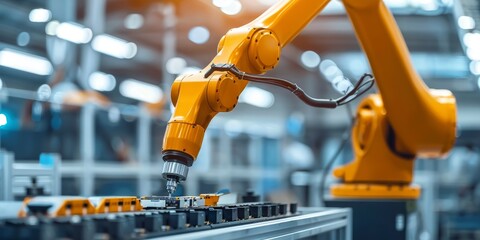 Fototapete - A close-up of a robotic arm assembling electronic components in a modern factory, showcasing automation in technology development