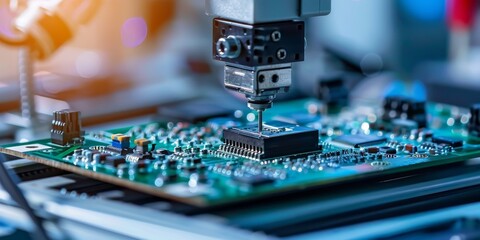 Leinwandbilder - A close-up of a robotic arm assembling electronic components in a modern factory, showcasing automation in technology development