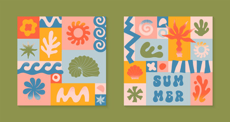 Wall Mural - vector summer illustrations with nature organic shapes,doodles.groovy boho palm,beach,surf,waves,sun