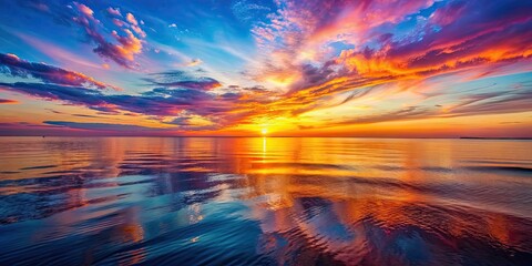 Vibrant sunset over a calm ocean with colorful sky reflecting on the water, sunset, water, sky, sun, sea, lake, sunrise