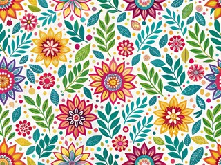 Poster - Vibrant colorful geometric seamless pattern featuring stylized florals and leaves on a white background perfect for textiles, wallpapers, and design projects.