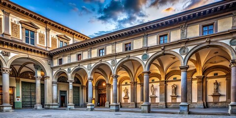 Majestic marble colonnade and ornate stone facade of renowned museum housing world's most famous Renaissance art treasures in heart of Florence, Italy.