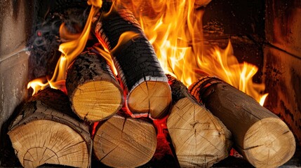 Burning firewood in a close up fireplace shot