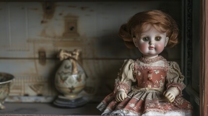 A charming antique porcelain doll dressed in a delicate outfit sits quietly on a vintage wooden shelf, surrounded by nostalgic collectibles