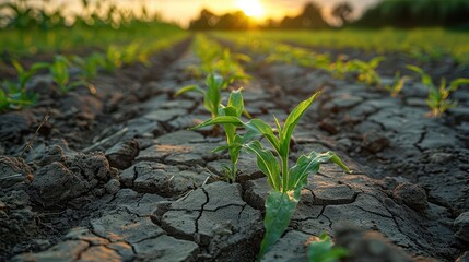 Young Corn Plants Growing in Cracked Soil.