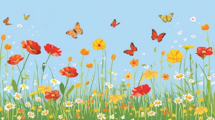 Canvas Print - Colorful summer meadow with butterflies and flowers.