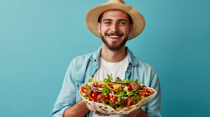 happy man enjoying fresh salad in summer attire against blue background