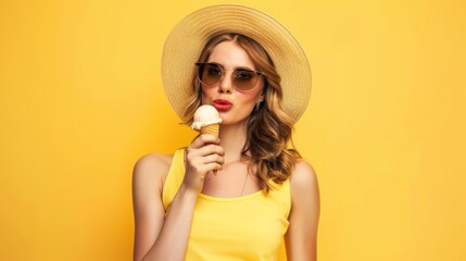 Stylish caucasian woman in hat and sunglasses with ice cream on yellow background