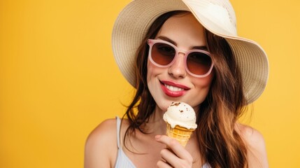 Stylish caucasian woman in hat and sunglasses with ice cream on yellow background