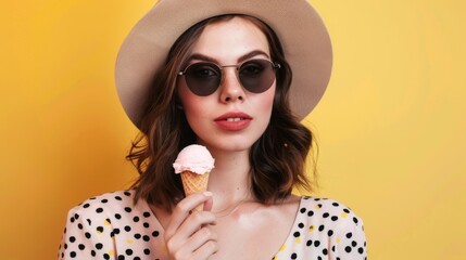 Wall Mural - Stylish caucasian woman in hat and sunglasses with ice cream on yellow background