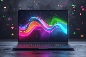 open laptop with 3D wave graph of rainbow colors in front of display and glowing stripes of ai particle flows