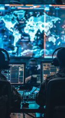 Two men are sitting in front of computer monitors with headphones on