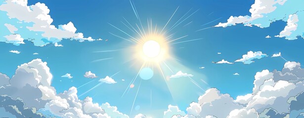 blue sky with clouds. anime style background with shining sun and white fluffy clouds.